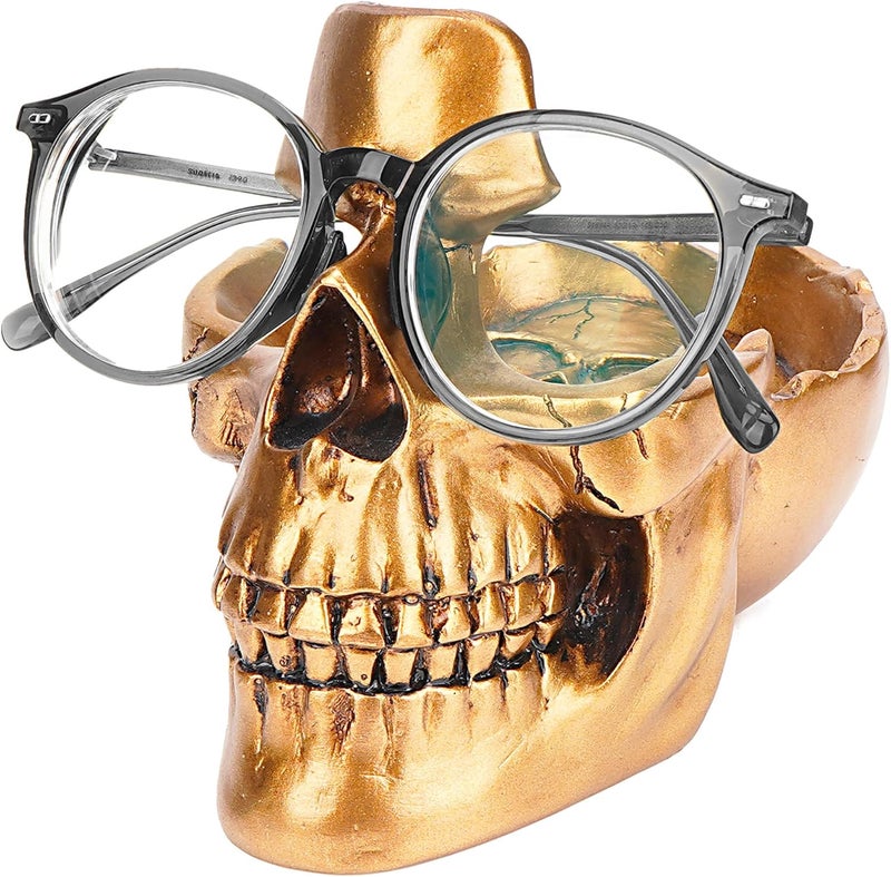 BUNCHBRAVO Skull Glasses Holder with Tray - Gothic Resin Eyeglasses Stand and Sunglasses Organizer for Entryway, Home, Office, Desk, Gold Tone - Image 1